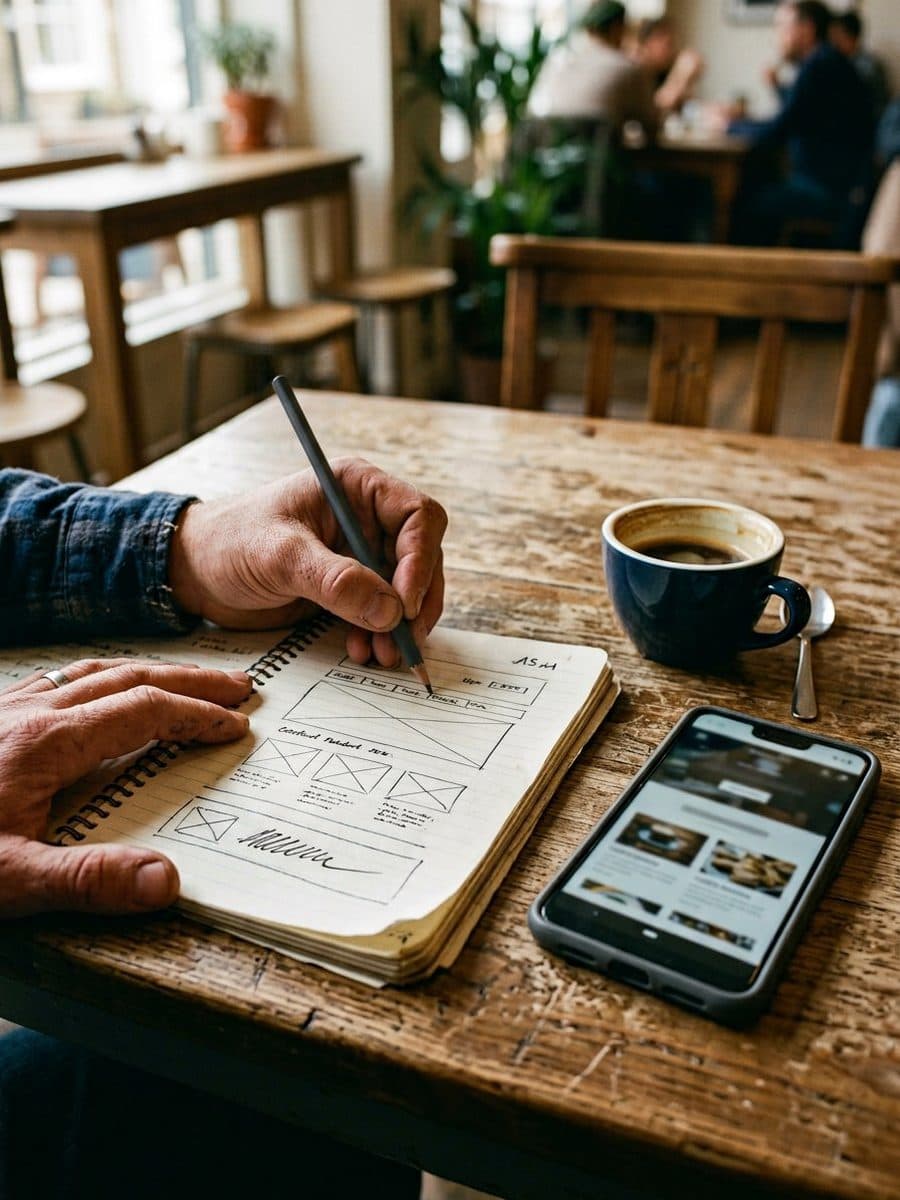 Fotografía realista ilustrada con IA: manos dibujando el boceto de una web en una libreta, en la mesa de una cafetería