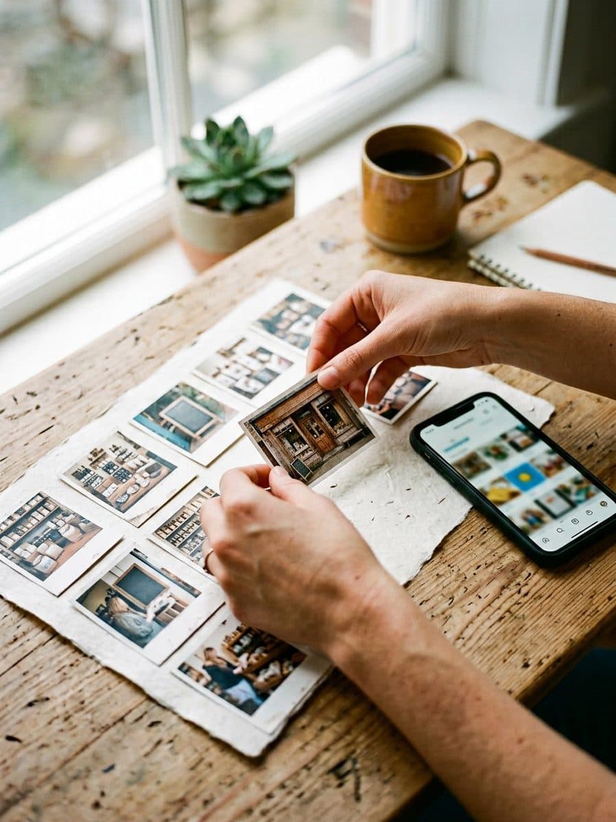 Fotografía realista ilustrada con IA: manos ordenando las fotos de un comercio junto a un móvil, sobre la mesa del taller