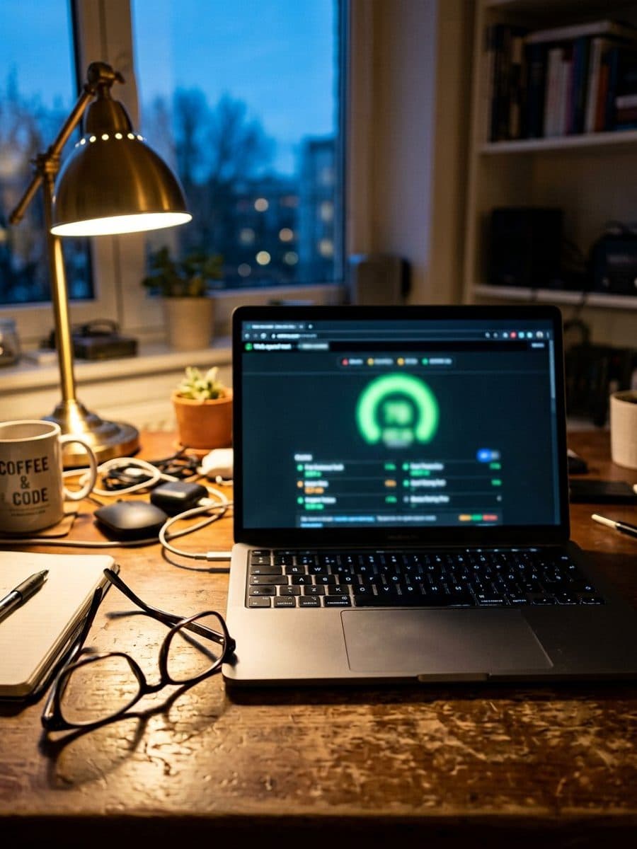Fotografía realista ilustrada con IA: pantalla con un medidor de velocidad web en verde, sobre el escritorio al anochecer