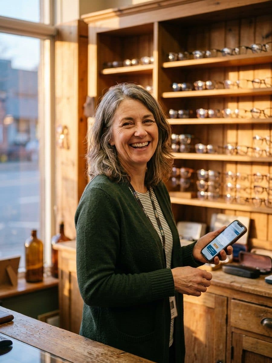 Fotografía realista ilustrada con IA: una dueña de óptica sonriendo con su web nueva en el móvil, en su tienda a la luz del atardecer